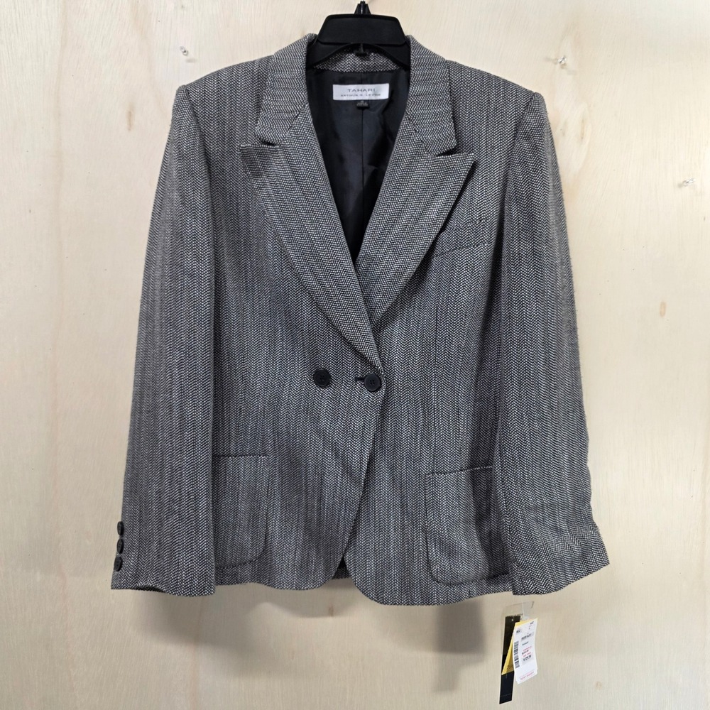 Tahari Arthur S Levine Womens 14 Herringbone Double Breasted Blazer Black White